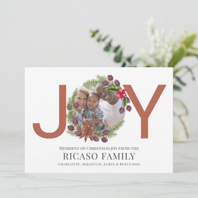 De Festividades Feliz Natal Joy Wreath Cartão com fotos (Em pé/Frente)