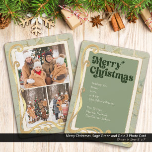 De Festividades Feliz Natal Sage Green e Dourado Cartão com fotos 