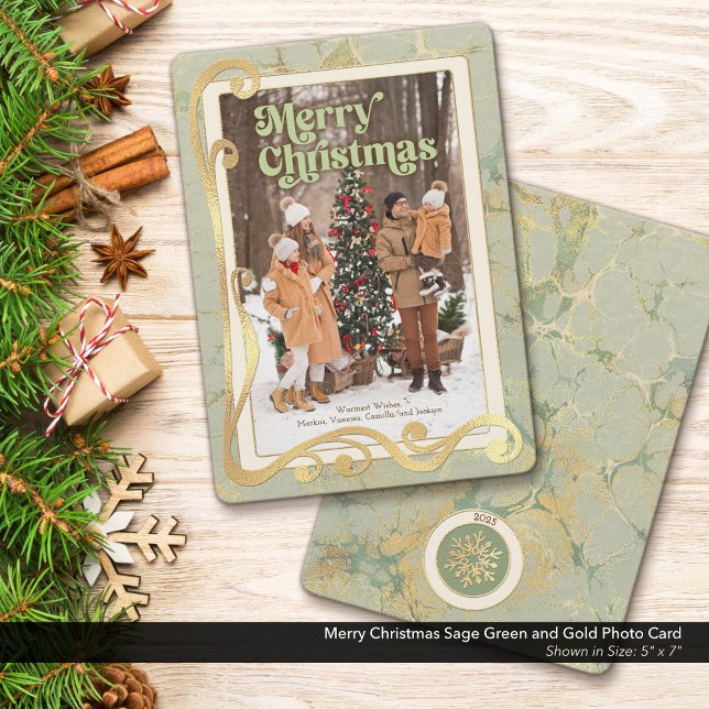 De Festividades Feliz Natal Sage Green e Dourado Cartão com fotos (Merry Christmas, Sage Green and Gold Holiday Photo Greeting Card)