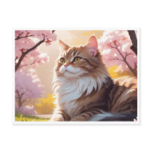 Gato com cartão postal da árvore Sakura