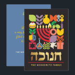 De Festividades Hanukkah Chanukah Modern Judaísmo Cartão<br><div class="desc">Hanukkah / Chanukah - Cartão Geométrico Colorido Moderno com Folha de Ouro Faux. Menorah, Dreidel, Rosquinhas, estrelas e azeite... Estão todos aqui. Símbolos hebraicos e judeus de Hanukkah espaço para adicionar seu texto personalizado na frente e ao contrário. Feliz desejo Hanukkah. Hebraico na frente diz "Chanukah". Esta bela, bela, olha,...</div>