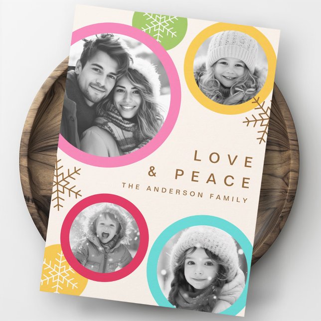 De Festividades Love peace snowflakes tem um cartão fotográfico co (Love peace snowflakes colorful photo holiday card)