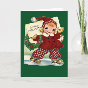 De Festividades Menina que patina - cartão do natal vintage