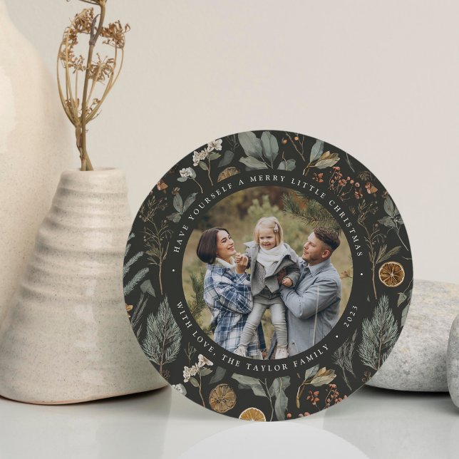 De Festividades Moody Botanical Round Holiday Cartão com fotos (Criador carregado)