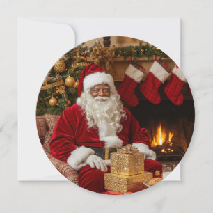 De Festividades Papai Noel Negro Sentado ao Lado da Lareira Cartão