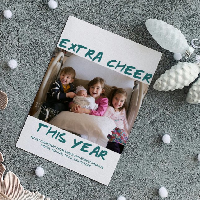 De Festividades Trendy Extra Saúde Este Ano Cartão com fotos | Tea (Teal Trendy Extra Cheer This Year Holiday Photo Card)