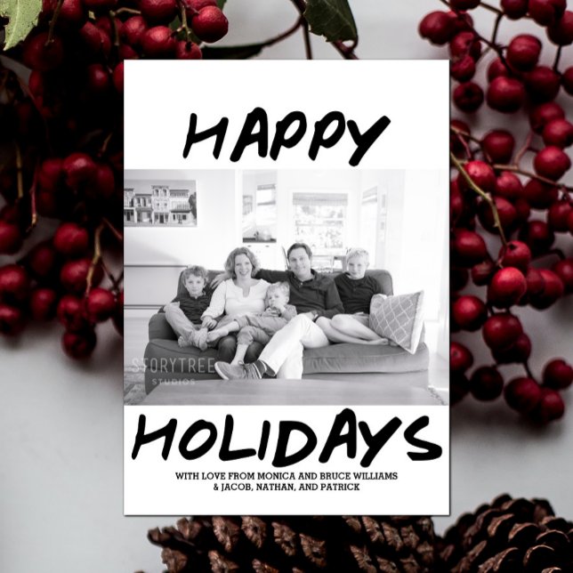 De Festividades Trendy Happy Holidays Cartão com fotos | Preto (Black Trendy Happy Holidays Photo Card)