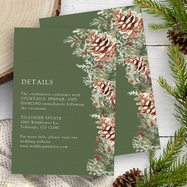 De Informações Cartão Verde para Detalhes do Inverno (Green Winter Watercolor Evergreen Pinecones Details Enclosure Card by Painted Paperie
)
