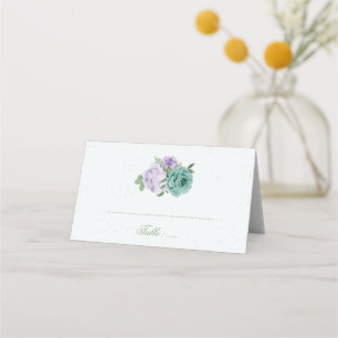 De Mesa cartão botânico azul roxo flores verdes