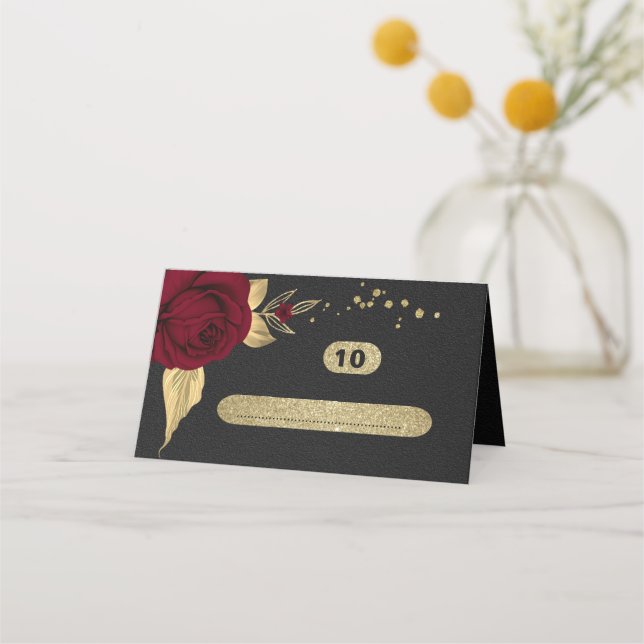 De Mesa flores burguns ouro folhas cartão preto (Frente)