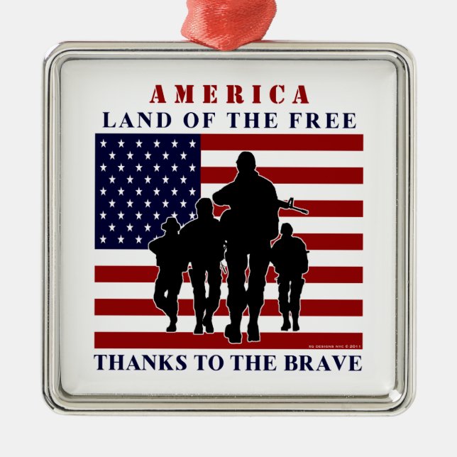 De Metal EUA Flag e Soldiers Silver Ornamento (Frente)
