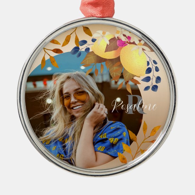 De Metal Ornamento Dourado do Monograma Chic Lemon (Frente)