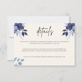 De Notas Cartão azul Floral Detalhes do Casamento