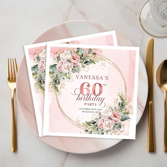 De Papel Guardanapo Chic Boho Blush Rosa Verde 60º Aniversá (Chic Boho Blush Pink Greenery 60th Birthday Napkins)
