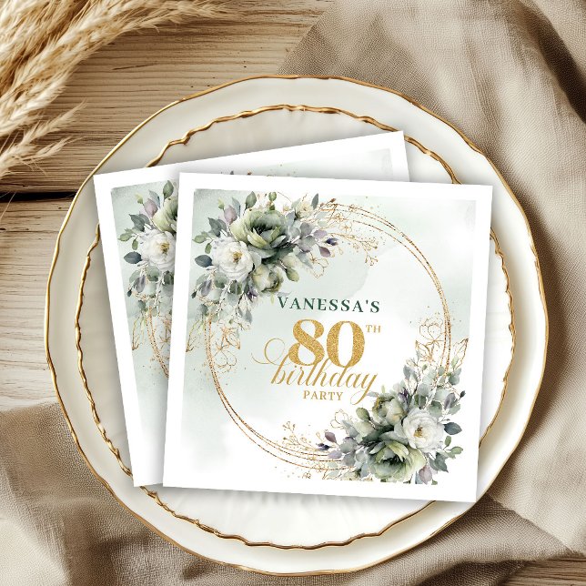 De Papel Guardanapo Chic Dusty Green Folhagem Dourada Anive (Chic Dusty Green Gold Foliage 80th Birthday Napkins)