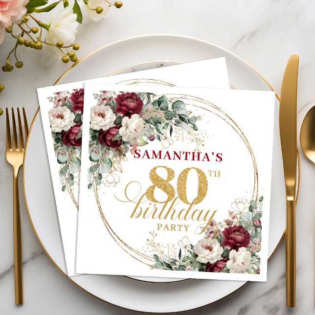 De Papel Guardanapo Sofisticado Floral Borgonha para 80º An (Sophisticated Burgundy Floral 80th Birthday Napkins)