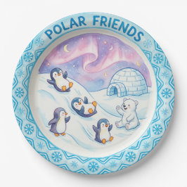 De Papel Prato "Amigos Polares" Pinguins e Urso Polar Fofo