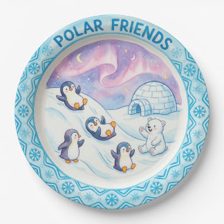 De Papel Prato "Amigos Polares" Pinguins e Urso Polar Fofo