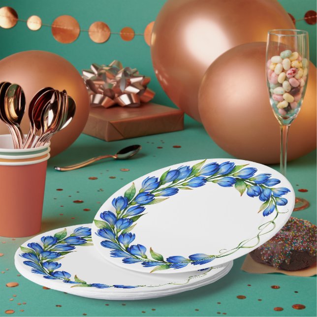De Papel Prato com Grinalda Floral Azul (Múltiplo)
