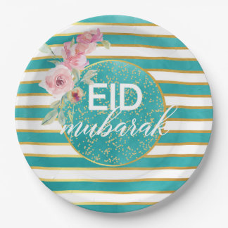De Papel Prato Floral Eid Mubarak Dourado Turquesa