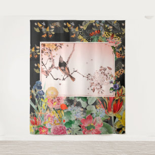 DE PAREDE PÁSSARO JAPONÊS COM FLORES EM TAPETE NEGRA