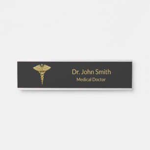 De Porta Caduceus Dourado médico no preto - placa conhecid