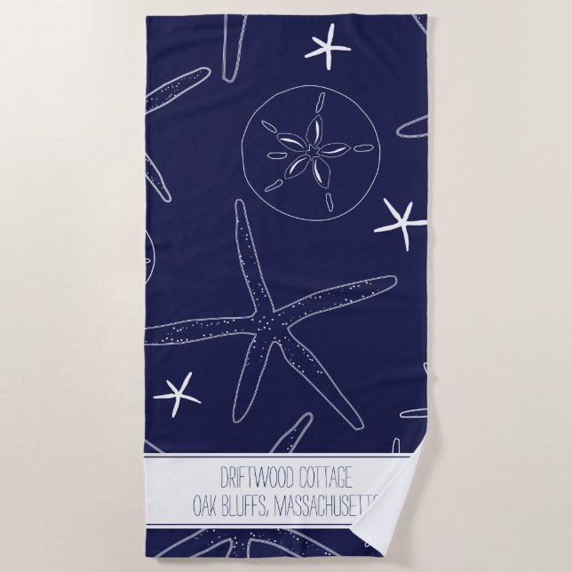 De Praia Starfish & Sand Dollar Beach Toalha com Texto (Frente)