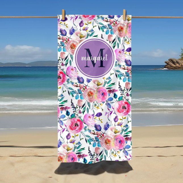 De Praia Toalha Boho Floral Roxo e Branco ao Nascer do Sol  (Criador carregado)