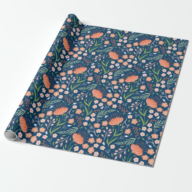 De Presente Belo papel floreado azul e laranja (Desenrolado)