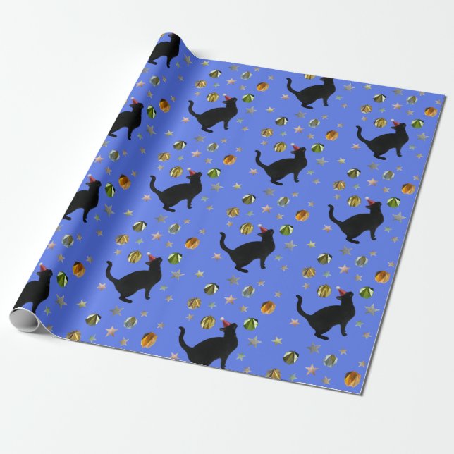 De Presente Dourado Gato Preto Estrelas Papel Azul (Desenrolado)
