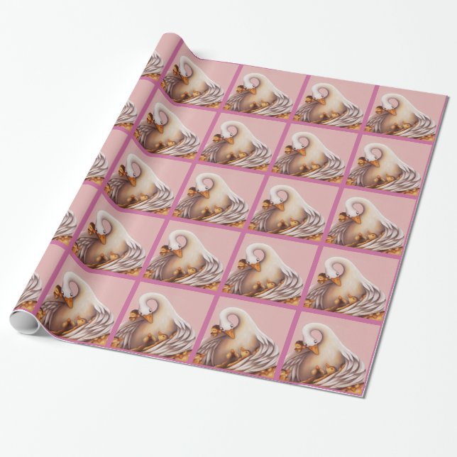 De Presente Ganso Rosa E Seus Bebês Molhando Papel (Desenrolado)