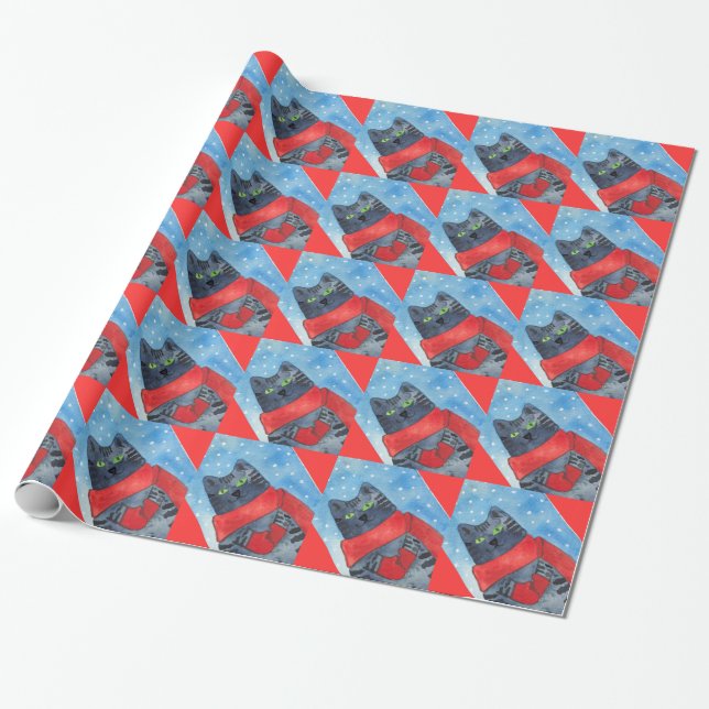 De Presente Gatinho adorável com papel do Natal dos mitenes (Desenrolado)