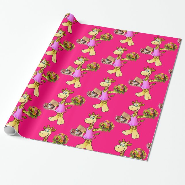 De Presente Papel Brilhante, Girafa Rosa Floral (Desenrolado)