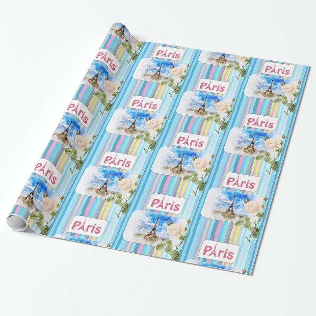 De Presente Papel Brilhante, Paris França Blue Stripe (Desenrolado)