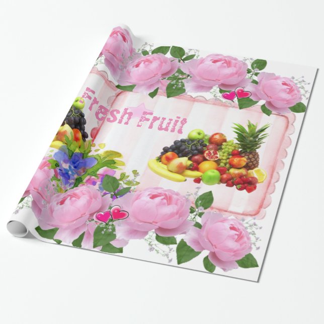 De Presente Papel Brilhante, Rosas Rosa-Frutas Floral (Desenrolado)