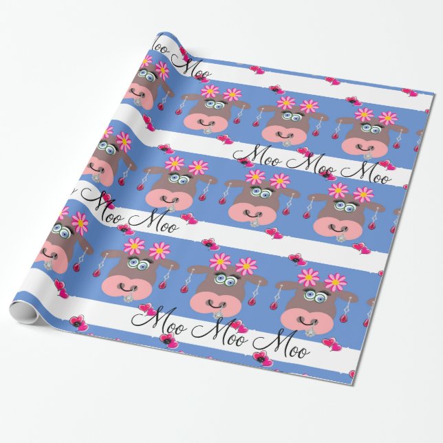 De Presente Papel Brilhante, Vaca Floral Azul (Desenrolado)