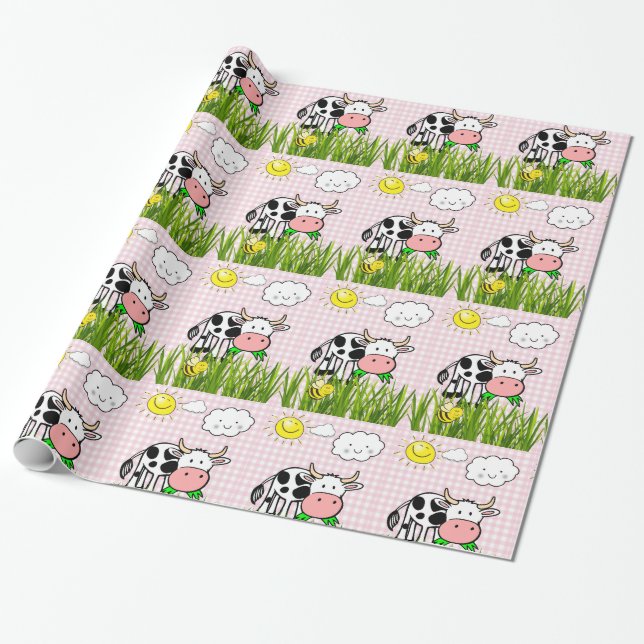 De Presente Papel Brilhante, Vacas, Nuvens Solares, Xadrez Flo (Desenrolado)