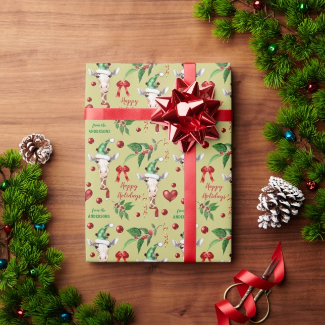De Presente Papel Dourado e engraçado para a Girafa Santa Hat (Presente de Natal)