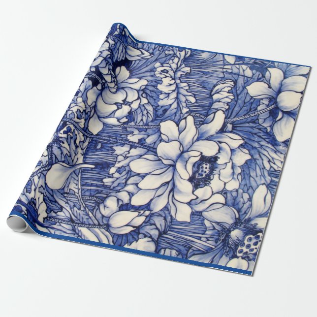 De Presente Papel embebido IMPRESSÃO FLORAL JAPONÊS EM AZUL (Desenrolado)