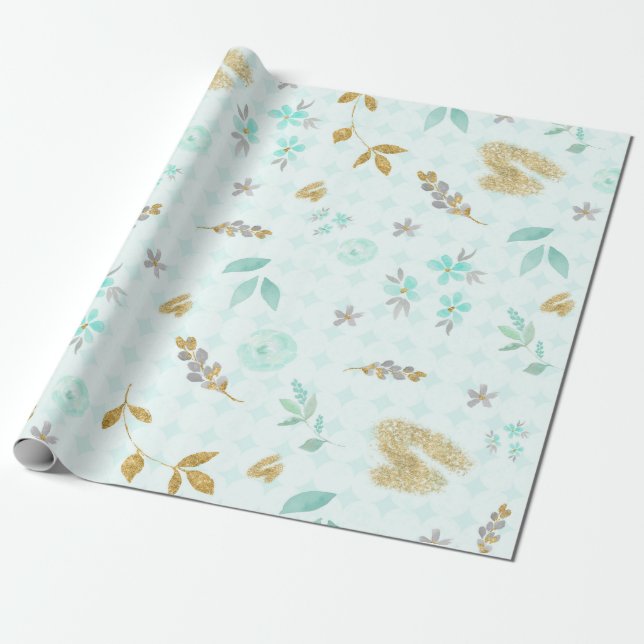 De Presente Papel Floral Água-Marinha com Glitter Azul e Doura (Desenrolado)