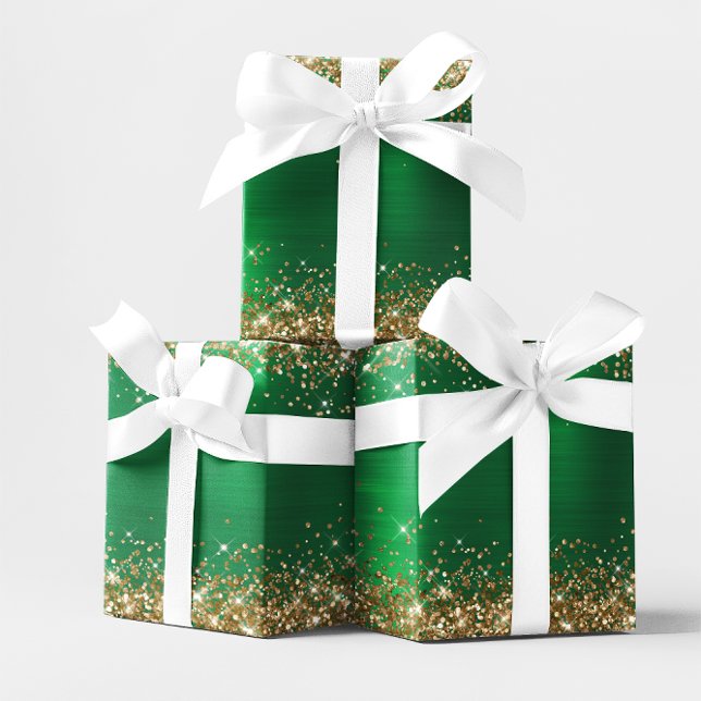 De Presente Papel Laminado Verde com Brilho Dourado para Festa (Gold Glitter Holiday Green Ombre Foil Wrapping Paper
)