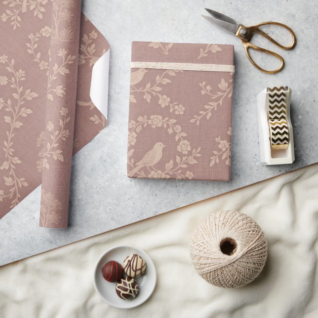 De Presente Papel Toile Francês Rosa e Creme com Pássaros (Artesanato)