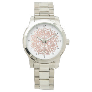 De Pulso Relógio Dourado cor-de-rosa da mandala