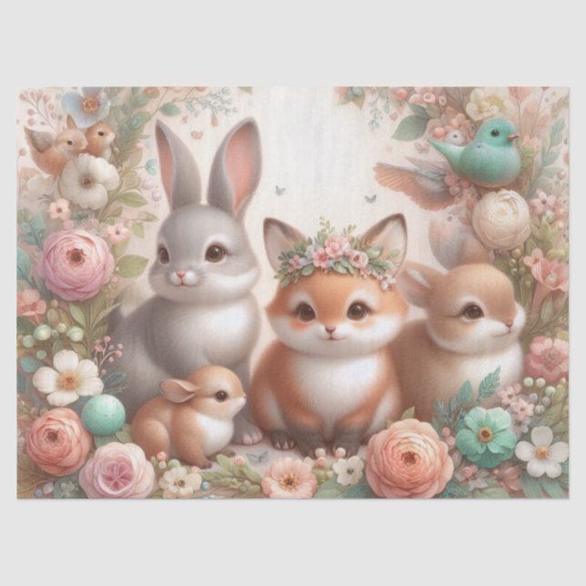 De Seda Animais Florestais Fofos Papel Floral Tecido (Frente )