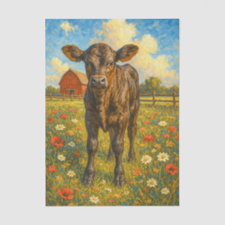De Seda Bebê Vaca no Papel Decoupage Fazenda com Casa