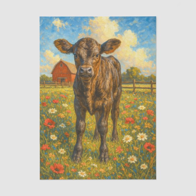 De Seda Bebê Vaca no Papel Decoupage Fazenda com Casa  (Frente )