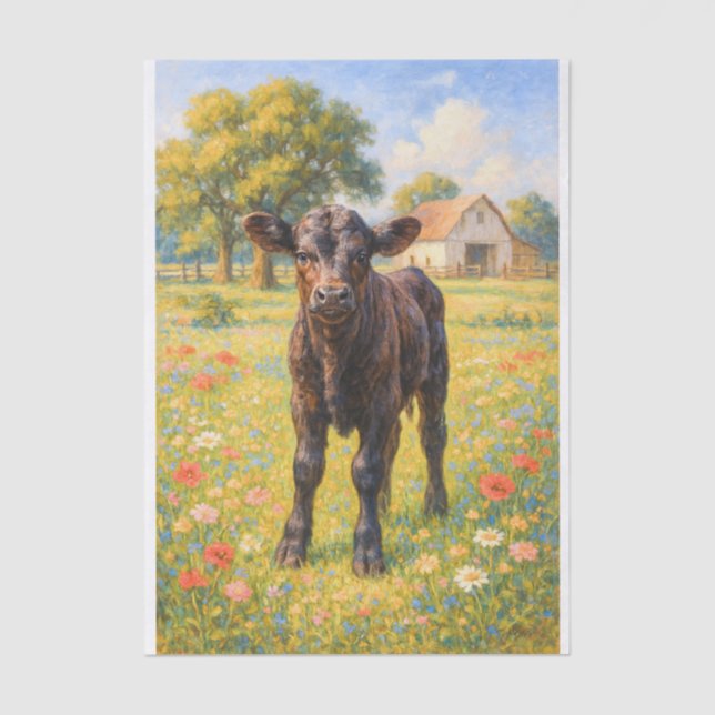 De Seda Bebê Vaca no Papel Decoupage Fazenda com Casa  (Frente )