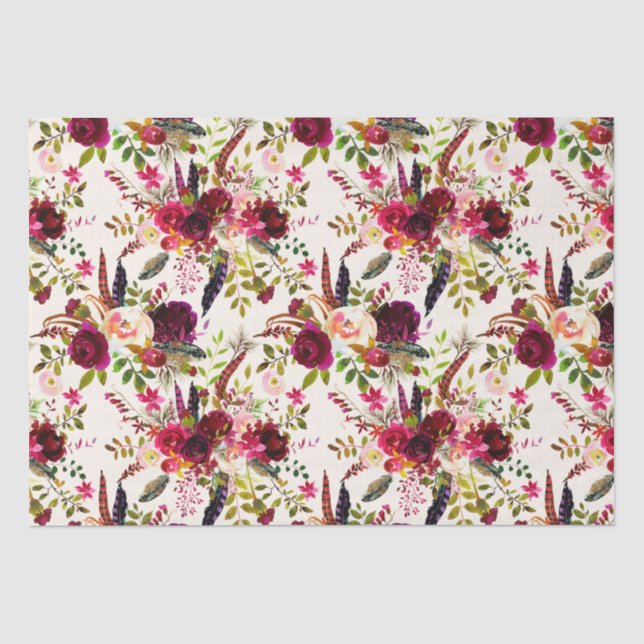 De Seda Boho Watercolor Floral, Penas Papel Tecido (Frente )