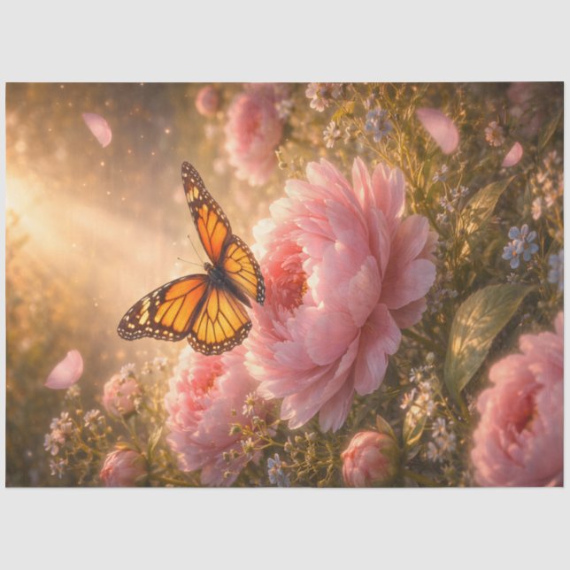 De Seda Borboleta Monarca em Peônias Rosas Papel Decoupage (Frente )