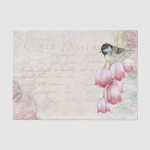 De Seda Carte Postale Bird Entre Flores Papel Tecido